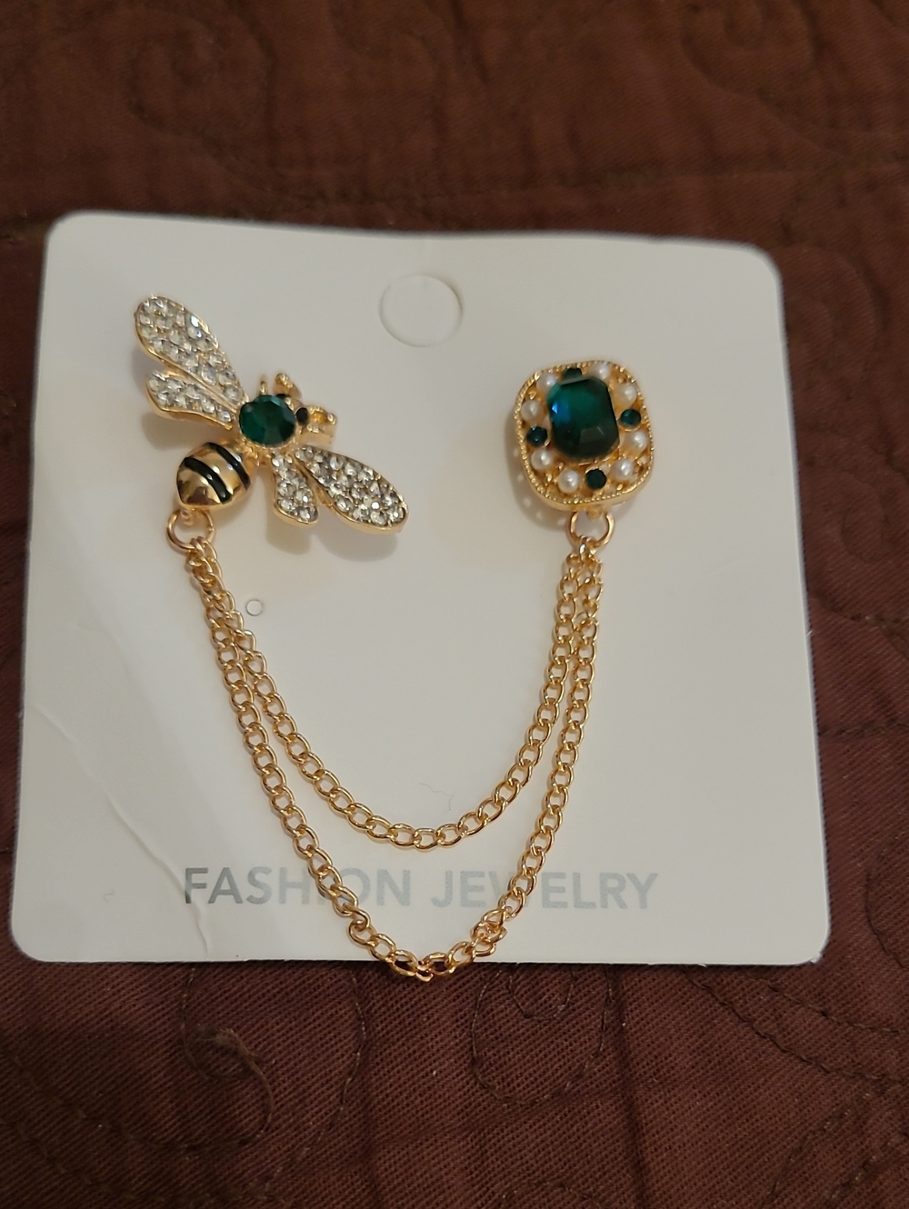 🌼2/$12 Gold Bee Pin Emerald Green, Clear Rhinestones Faux Pearls With Chain